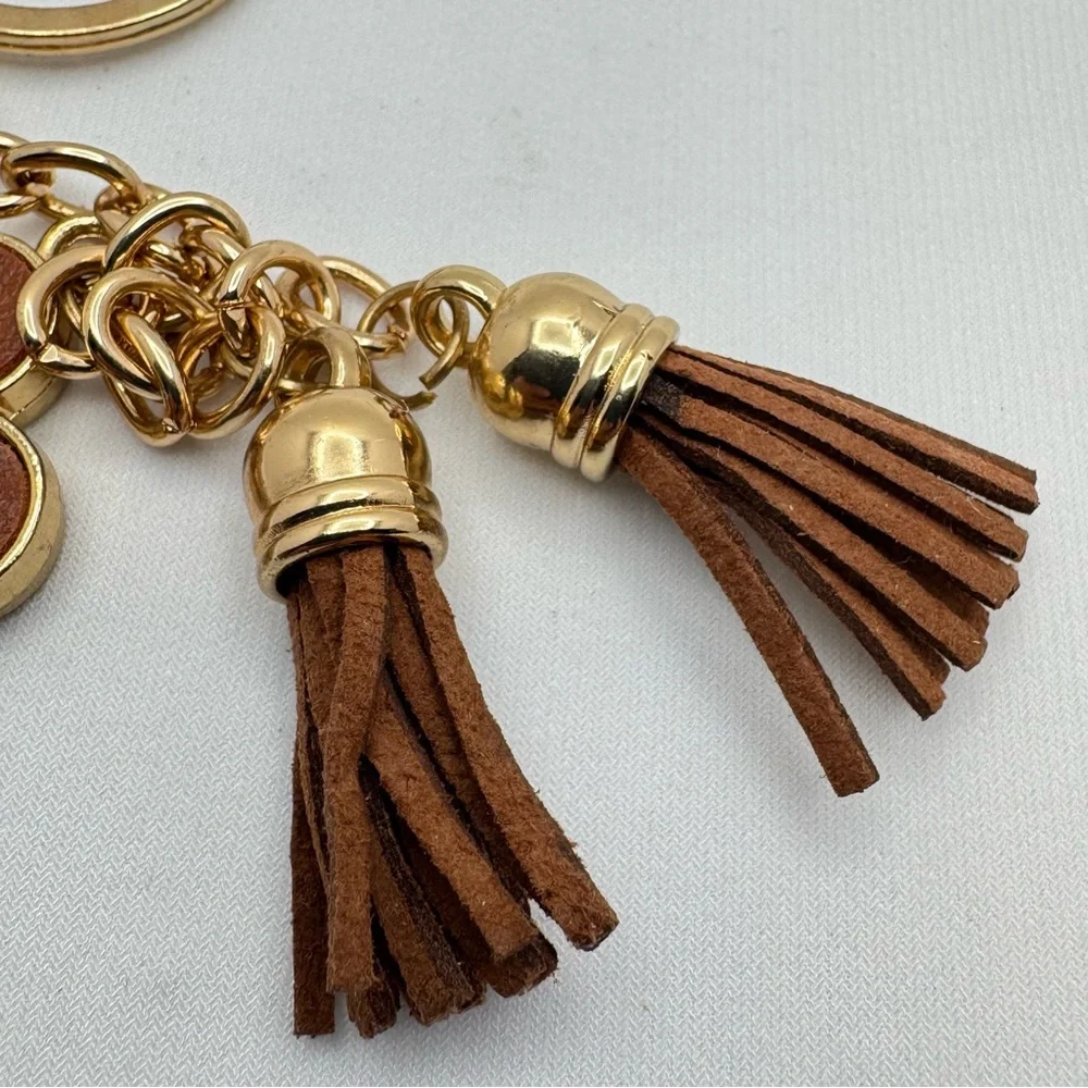 Floral Tassel Keychain Brown Faux Leather Gold Tone Bag Charm
